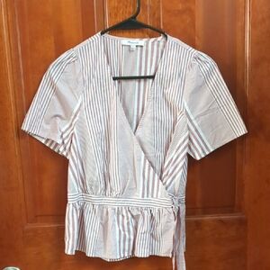 Madewell White and Blue Wrap V-Neck Puff Sleeve Blouse